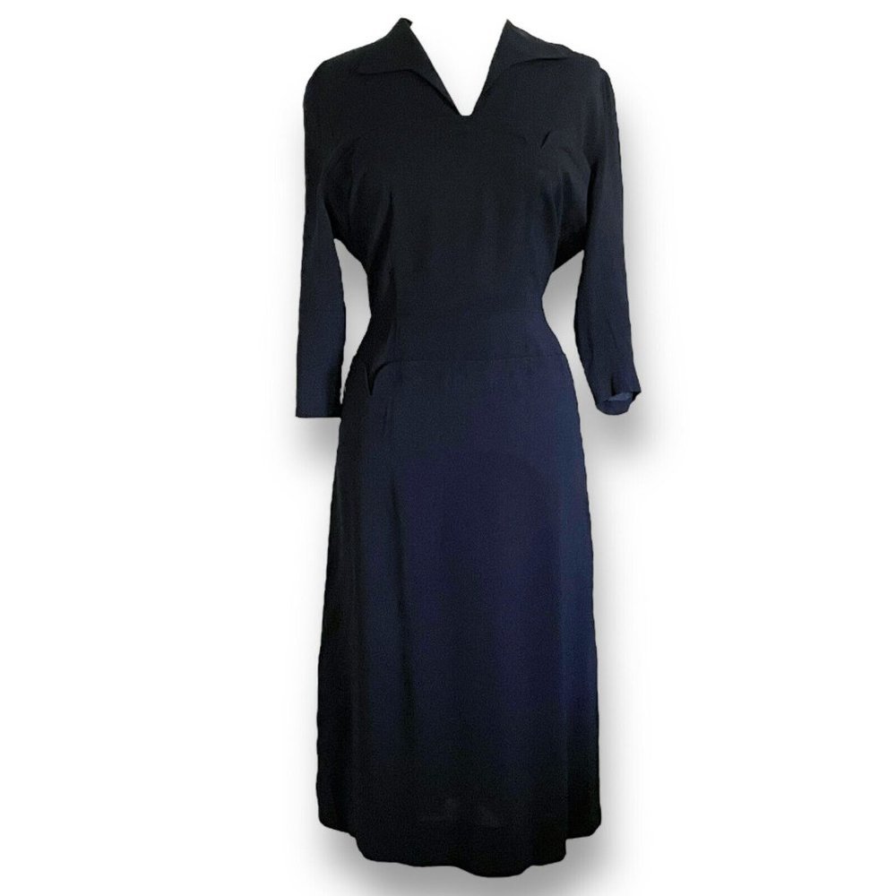 Vintage 40s Womens Dress Volup 32" Waist Black Rayon Femme Fatale Vamp Witchcore - Picture 2 of 16